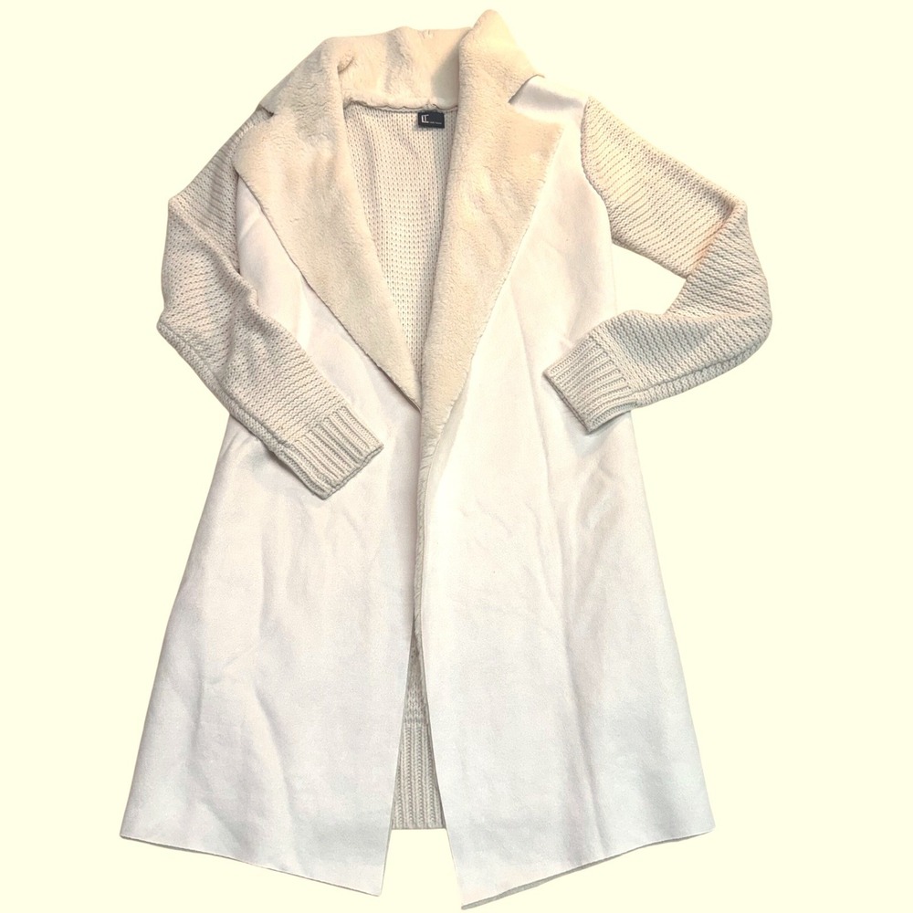 Love Token Cardigan Coat Womens XS Cream Faux Fur Suede Knit Duster Open Front